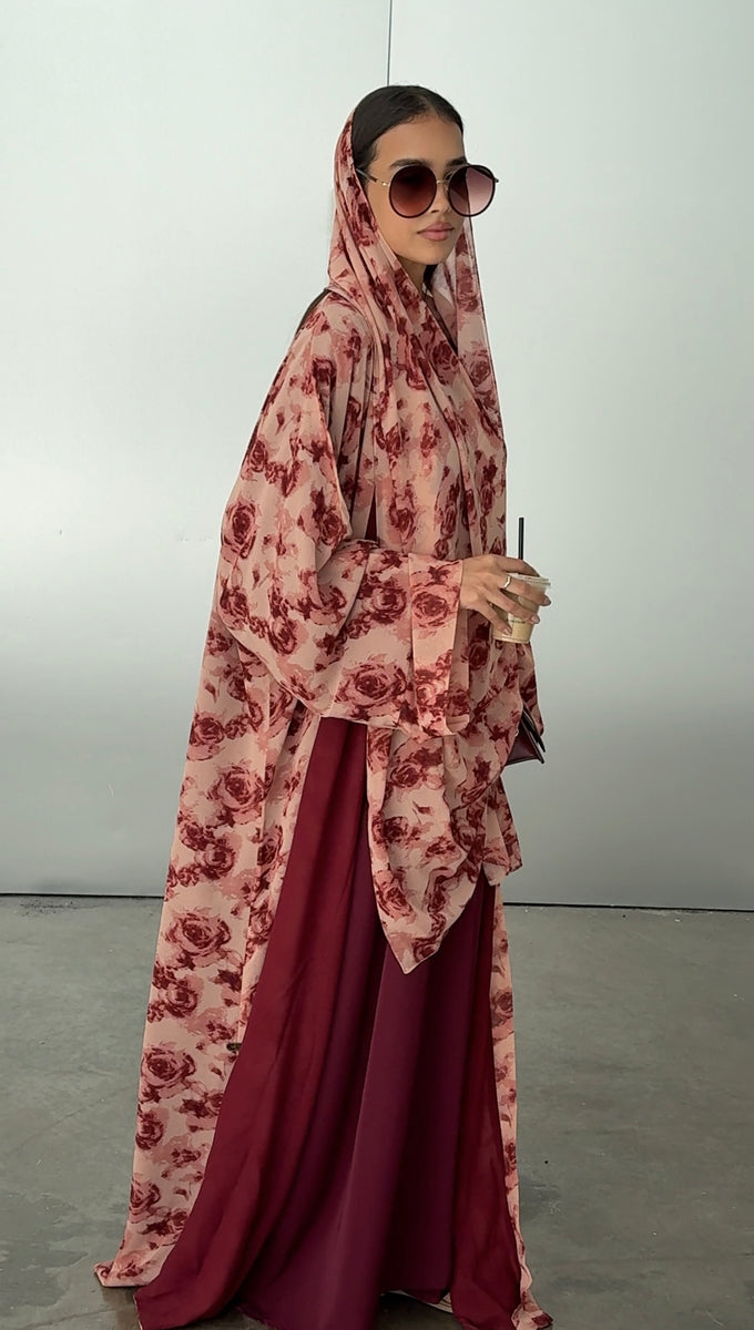 Floral Embroidered Abaya in Rose